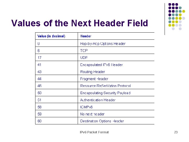 Values of the Next Header Field IPv 6 Packet Format 23 