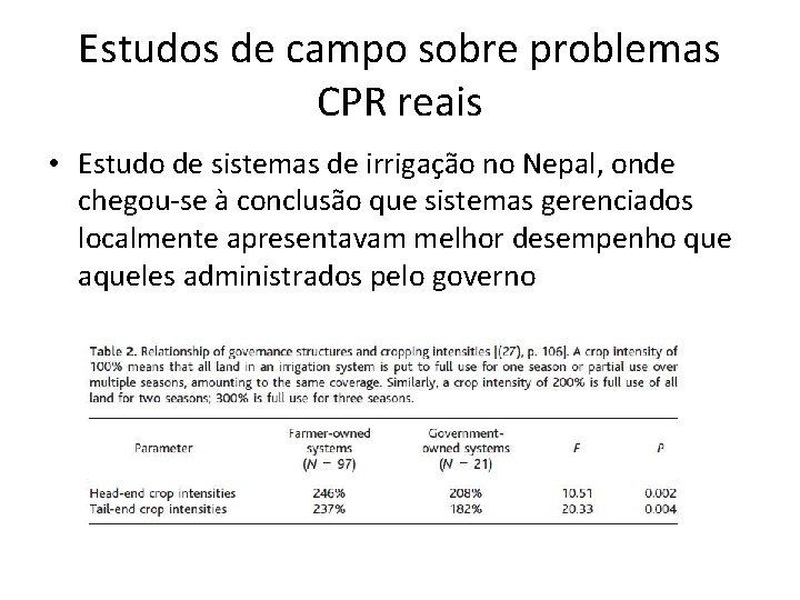Estudos de campo sobre problemas CPR reais • Estudo de sistemas de irrigação no