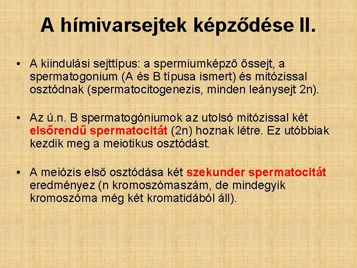 A hímivarsejtek képződése II. • A kiindulási sejttípus: a spermiumképző őssejt, a spermatogonium (A