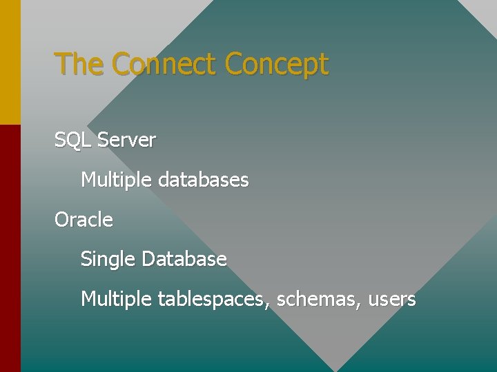 The Connect Concept SQL Server Multiple databases Oracle Single Database Multiple tablespaces, schemas, users The Connect Concept SQL Server Multiple databases Oracle Single Database Multiple tablespaces, schemas, users