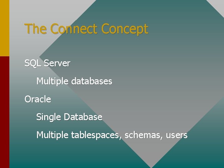 The Connect Concept SQL Server Multiple databases Oracle Single Database Multiple tablespaces, schemas, users