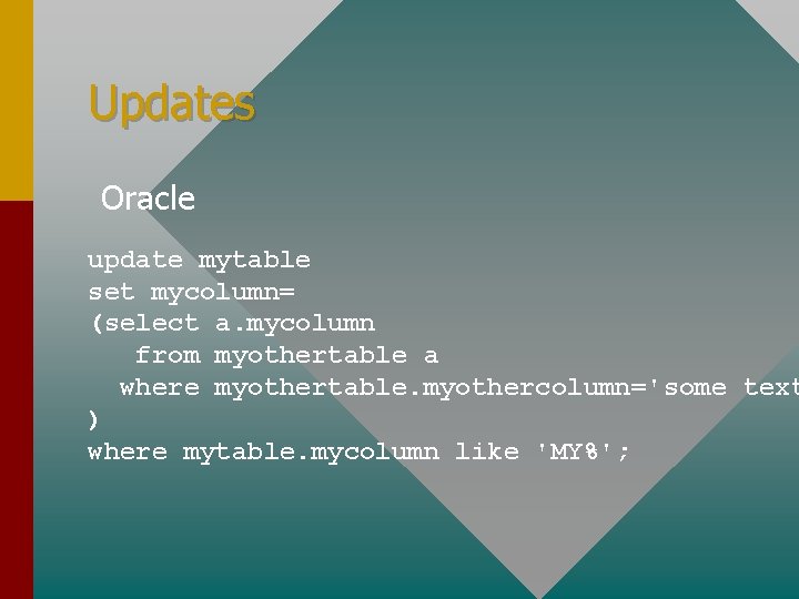 Updates Oracle update mytable set mycolumn= (select a. mycolumn from myothertable a where myothertable.