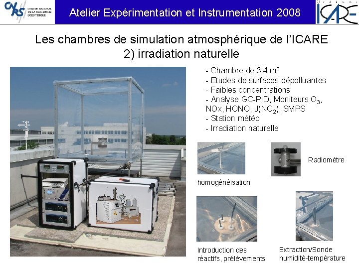 Atelier Expérimentation et Instrumentation 2008 Les chambres de simulation atmosphérique de l’ICARE 2) irradiation