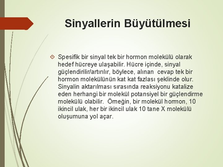 Sinyallerin Büyütülmesi Spesifik bir sinyal tek bir hormon molekülü olarak hedef hücreye ulaşabilir. Hücre