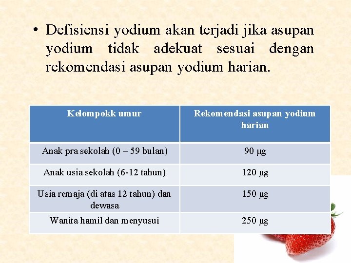  • Defisiensi yodium akan terjadi jika asupan yodium tidak adekuat sesuai dengan rekomendasi