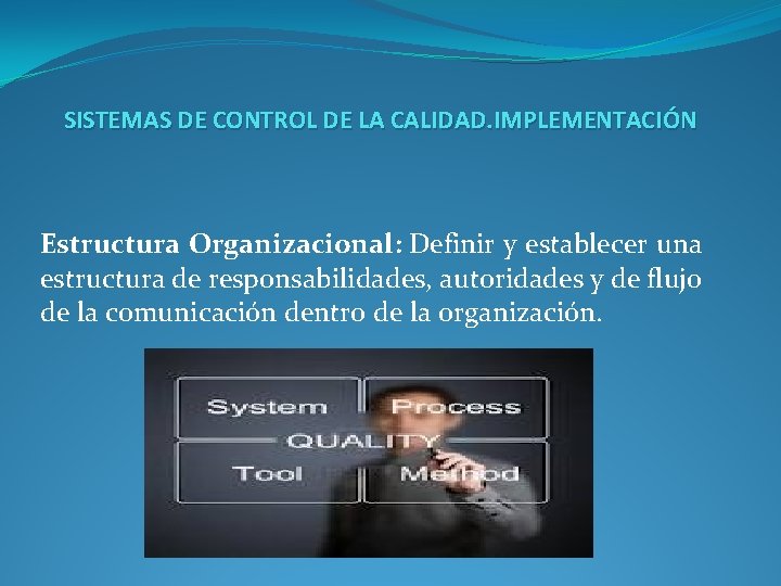 SISTEMAS DE CONTROL DE LA CALIDAD. IMPLEMENTACIÓN Estructura Organizacional: Definir y establecer una estructura