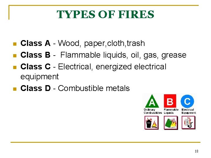 TYPES OF FIRES n n Class A - Wood, paper, cloth, trash Class B