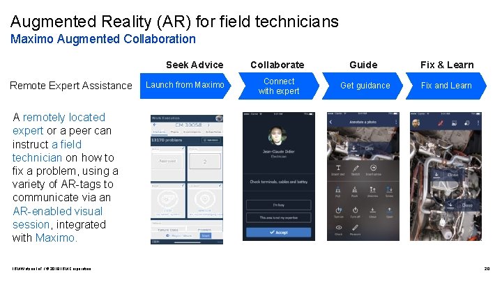 Augmented Reality (AR) for field technicians Maximo Augmented Collaboration Seek Advice Remote Expert Assistance