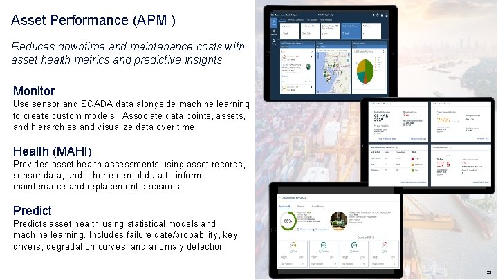 Asset Performance (APM ) Reduces downtime and maintenance costs with asset health metrics and
