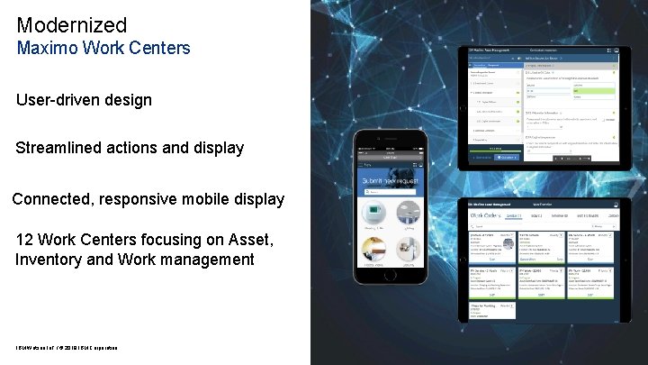 Modernized Maximo Work Centers User-driven design Streamlined actions and display Connected, responsive mobile display