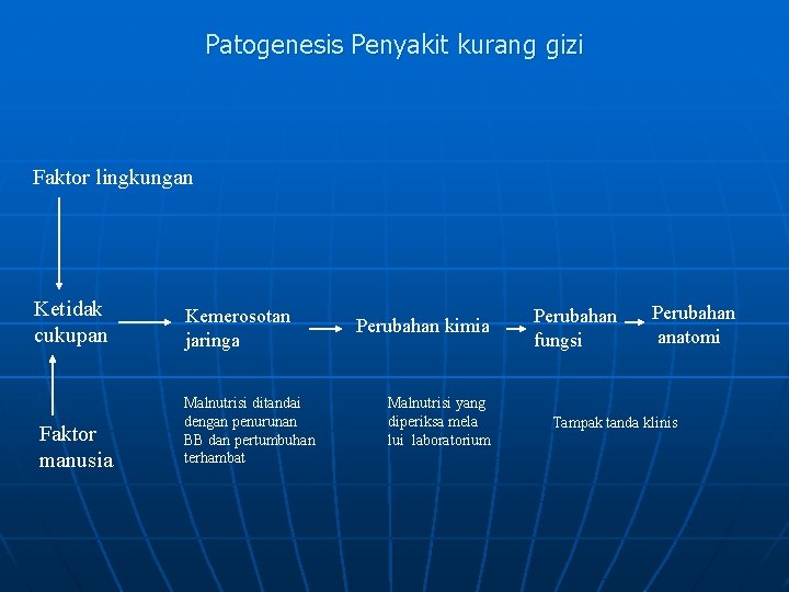 Patogenesis Penyakit kurang gizi Faktor lingkungan Ketidak cukupan Faktor manusia Kemerosotan jaringa Malnutrisi ditandai