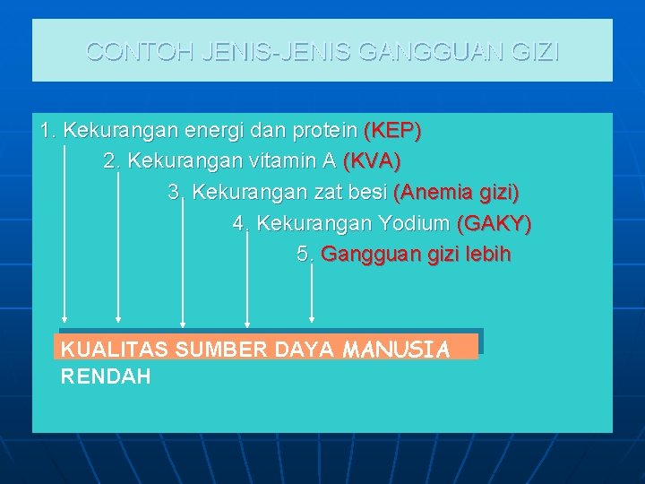 CONTOH JENIS-JENIS GANGGUAN GIZI 1. Kekurangan energi dan protein (KEP) 2. Kekurangan vitamin A