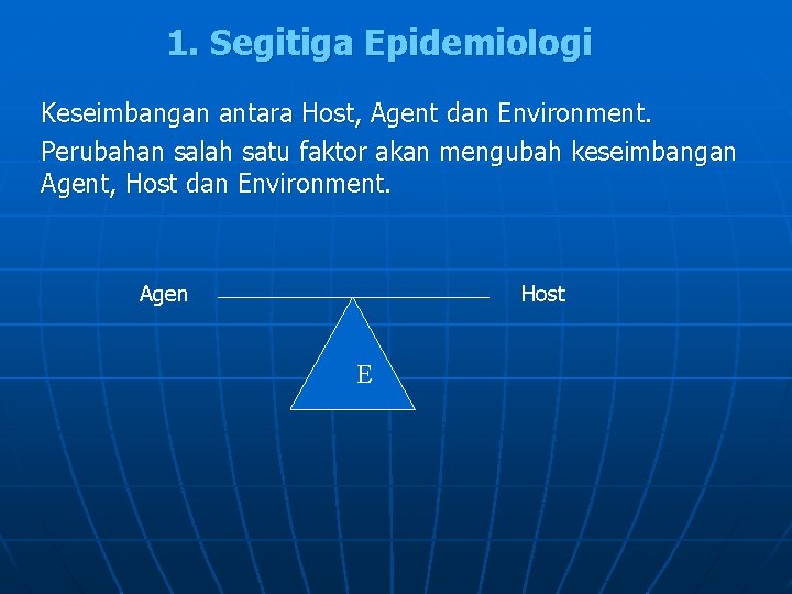 1. Segitiga Epidemiologi Keseimbangan antara Host, Agent dan Environment. Perubahan salah satu faktor akan