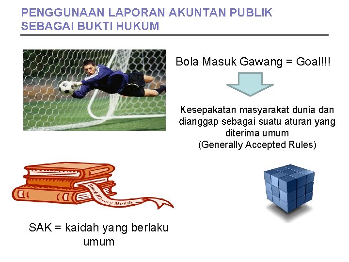 PENGGUNAAN LAPORAN AKUNTAN PUBLIK SEBAGAI BUKTI HUKUM Bola Masuk Gawang = Goal!!! Kesepakatan masyarakat