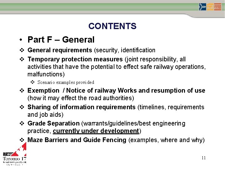 CONTENTS • Part F – General v General requirements (security, identification v Temporary protection