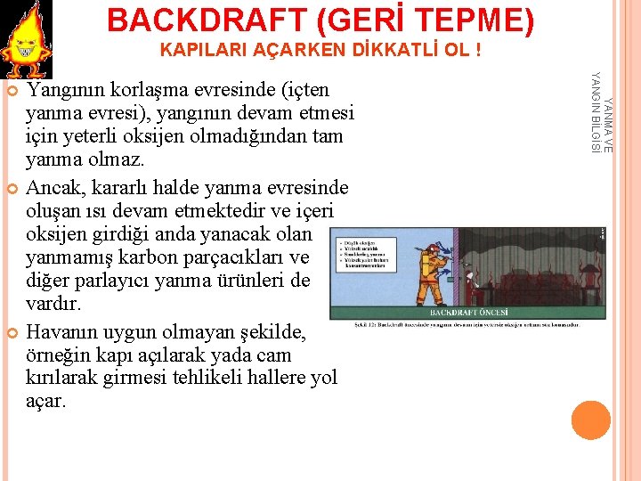 BACKDRAFT (GERİ TEPME) KAPILARI AÇARKEN DİKKATLİ OL ! YANMA VE YANGIN BİLGİSİ Yangının korlaşma