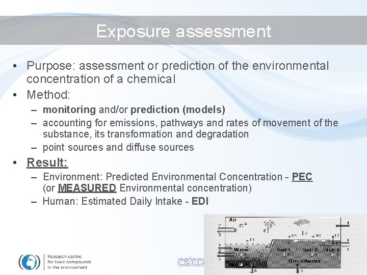 Exposure assessment • Purpose: assessment or prediction of the environmental concentration of a chemical