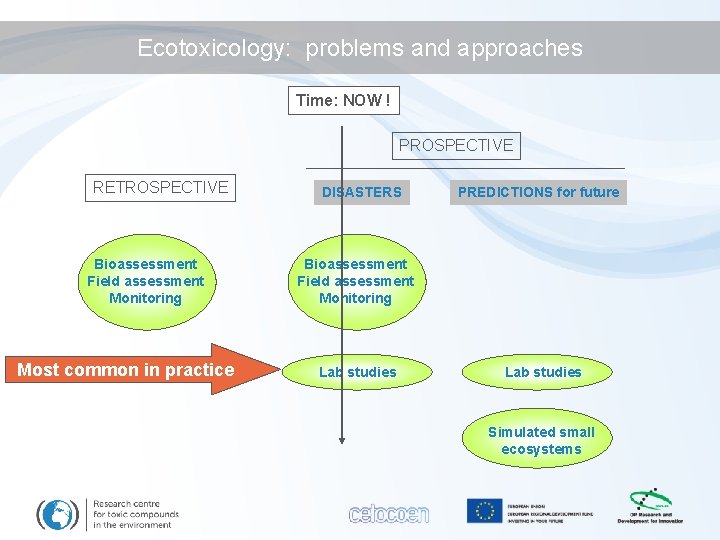 Ecotoxicology: problems and approaches Time: NOW ! PROSPECTIVE RETROSPECTIVE Bioassessment Field assessment Monitoring Most