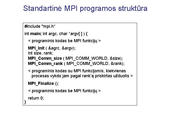 Standartinė MPI programos struktūra #include "mpi. h“ int main( int argc, char *argv[ ]