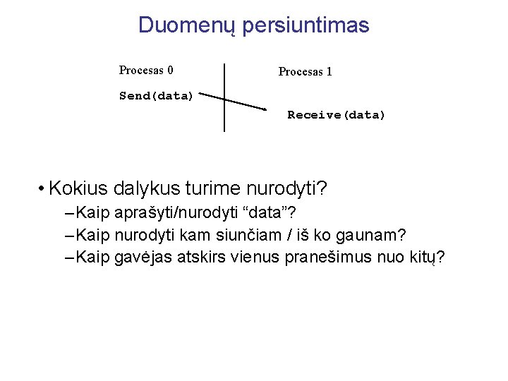 Duomenų persiuntimas Procesas 0 Procesas 1 Send(data) Receive(data) • Kokius dalykus turime nurodyti? –