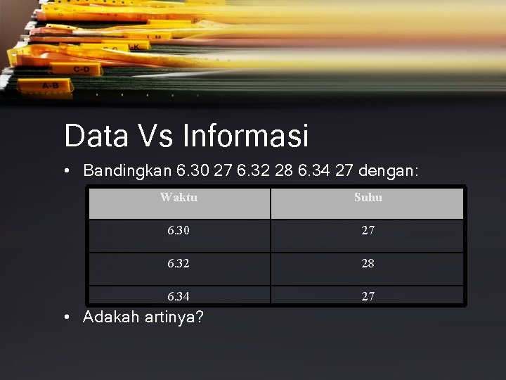 Data Vs Informasi • Bandingkan 6. 30 27 6. 32 28 6. 34 27