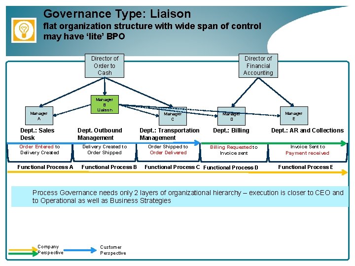 Governance Type: Liaison flat organization structure with wide span of control may have ‘lite’