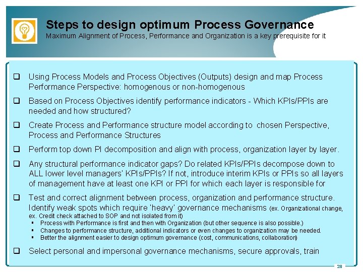 Steps to design optimum Process Governance Maximum Alignment of Process, Performance and Organization is