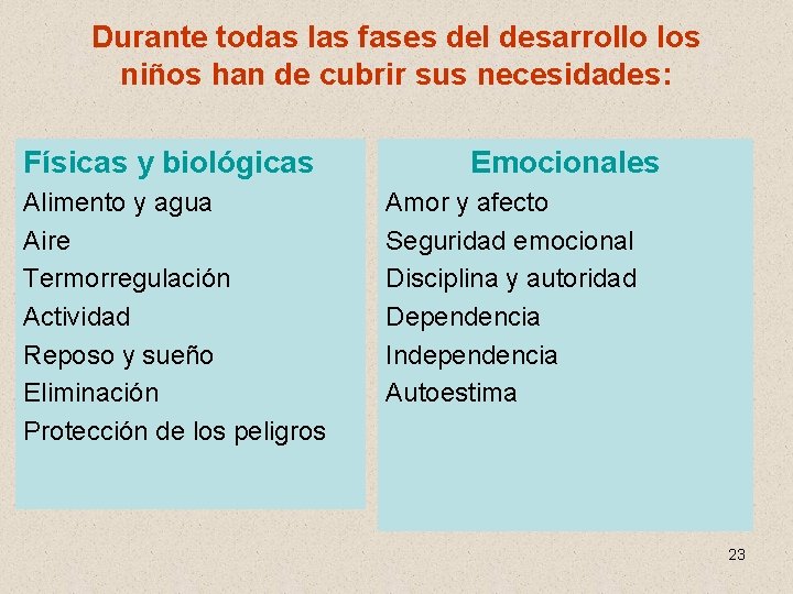 Durante todas las fases del desarrollo los niños han de cubrir sus necesidades: Físicas