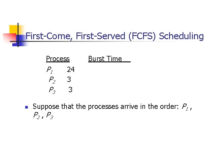 First-Come, First-Served (FCFS) Scheduling Process P 1 P 2 P 3 n Burst Time First-Come, First-Served (FCFS) Scheduling Process P 1 P 2 P 3 n Burst Time