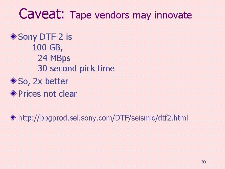 Caveat: Tape vendors may innovate Sony DTF-2 is 100 GB, 24 MBps 30 second