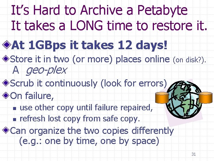 It’s Hard to Archive a Petabyte It takes a LONG time to restore it.