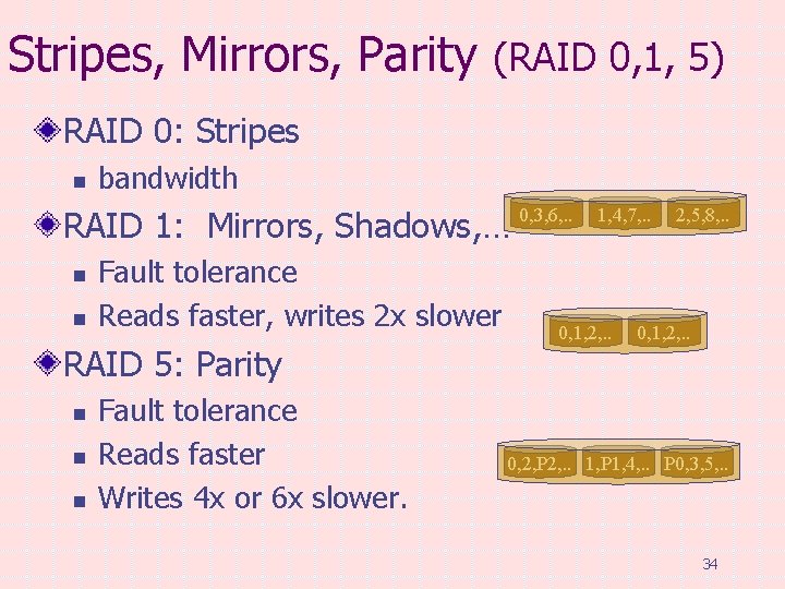 Stripes, Mirrors, Parity (RAID 0, 1, 5) RAID 0: Stripes n bandwidth RAID 1: