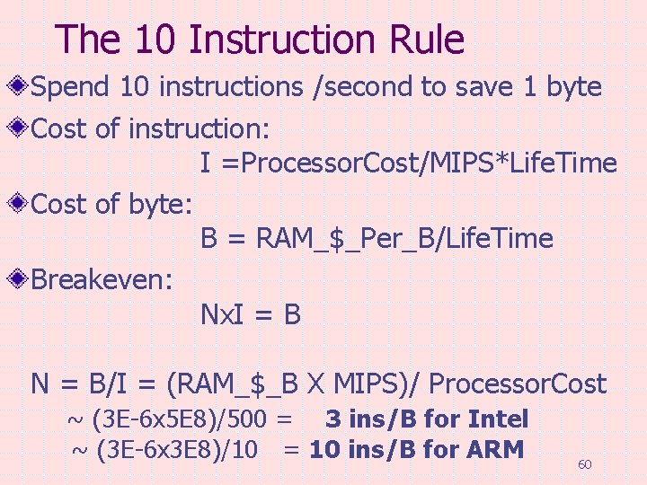 The 10 Instruction Rule Spend 10 instructions /second to save 1 byte Cost of