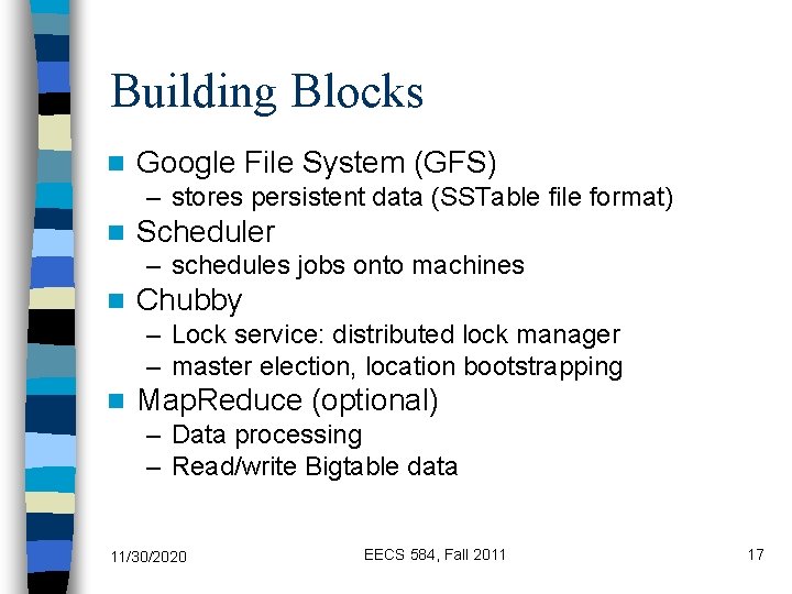 Building Blocks n Google File System (GFS) – stores persistent data (SSTable file format)