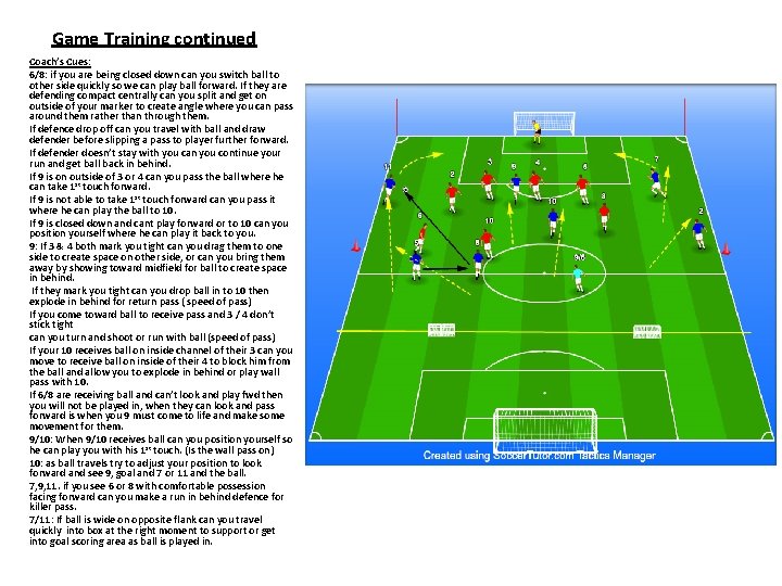 Game Training continued Coach’s Cues: 6/8: if you are being closed down can you