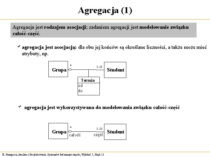 Agregacja (1) Agregacja jest rodzajem asocjacji; zadaniem agregacji jest modelowanie związku całość-część. aagregacja jest