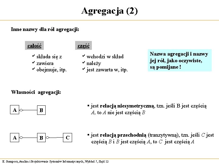 Agregacja (2) Inne nazwy dla ról agregacji: całość część askłada się z azawiera aobejmuje,