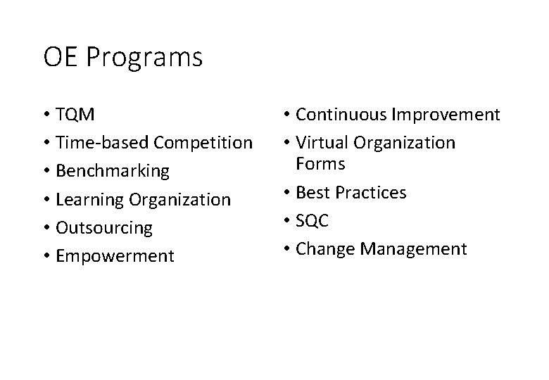 OE Programs • TQM • Time-based Competition • Benchmarking • Learning Organization • Outsourcing