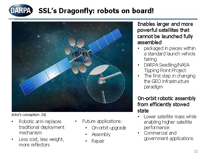 SSL’s Dragonfly: robots on board! Enables larger and more powerful satellites that cannot be