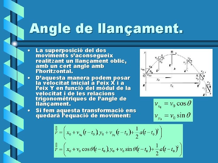 Angle de llançament. • La superposició del dos moviments s’aconsegueix realitzant un llançament oblic,