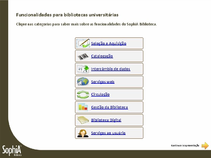 Funcionalidades para bibliotecas universitárias Clique nas categorias para saber mais sobre as funcionalidades do