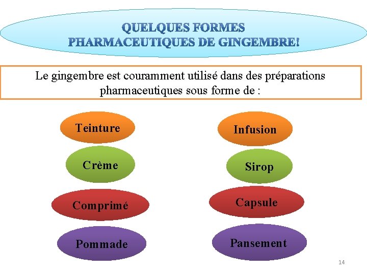 Le gingembre est couramment utilisé dans des préparations pharmaceutiques sous forme de : Teinture