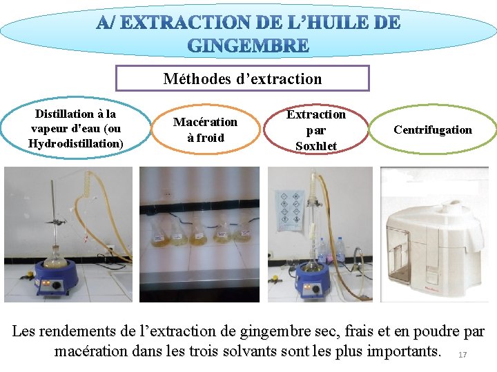 Méthodes d’extraction Distillation à la vapeur d'eau (ou Hydrodistillation) Macération à froid Extraction par