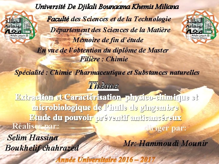 Université De Djilali Bounaama Khemis Miliana Faculté des Sciences et de la Technologie Département