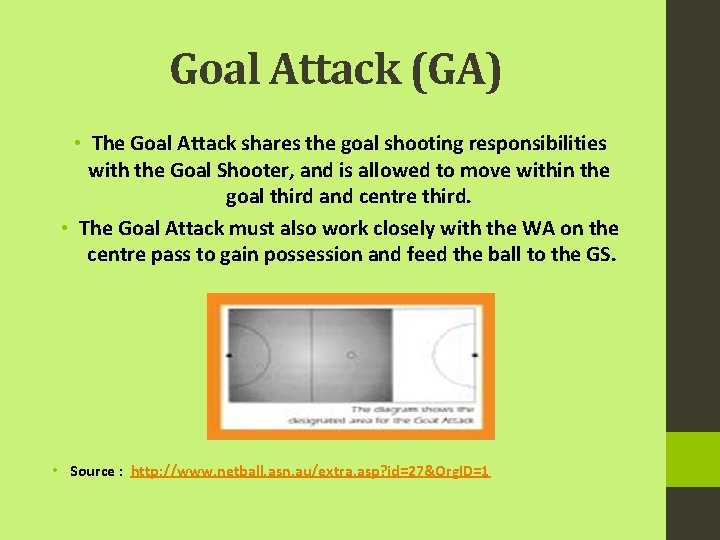 Goal Attack (GA) • The Goal Attack shares the goal shooting responsibilities with the