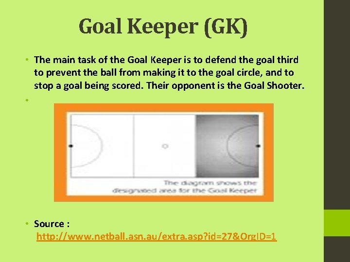 Goal Keeper (GK) • The main task of the Goal Keeper is to defend