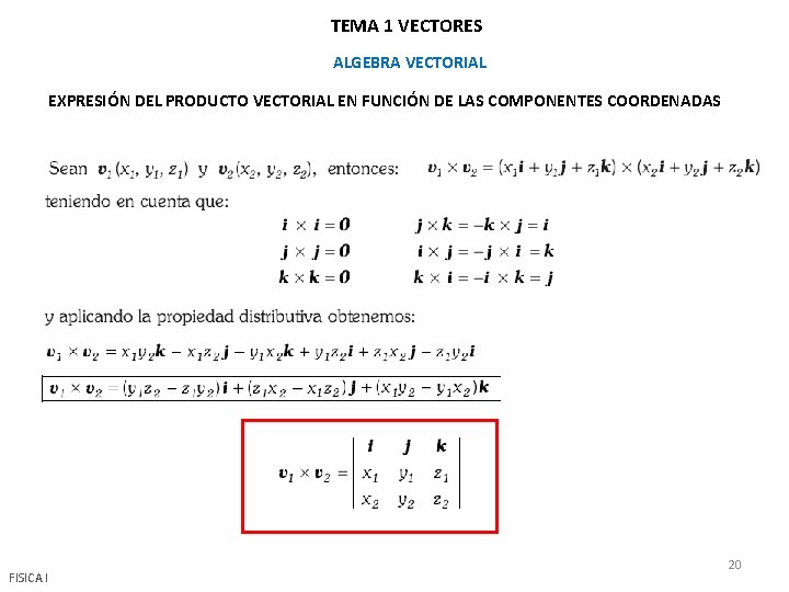 TEMA 1 VECTORES ALGEBRA VECTORIAL EXPRESIÓN DEL PRODUCTO VECTORIAL EN FUNCIÓN DE LAS COMPONENTES