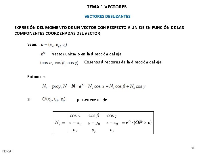 TEMA 1 VECTORES DESLIZANTES EXPRESIÓN DEL MOMENTO DE UN VECTOR CON RESPECTO A UN