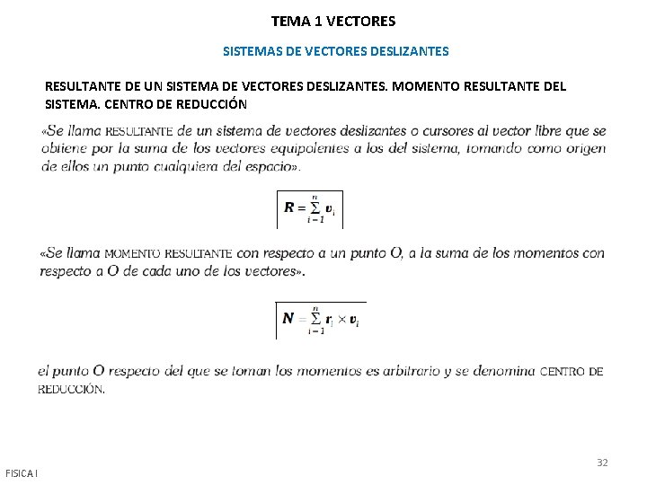 TEMA 1 VECTORES SISTEMAS DE VECTORES DESLIZANTES RESULTANTE DE UN SISTEMA DE VECTORES DESLIZANTES.