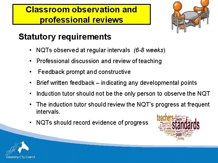 Classroom observation and professional reviews Statutory requirements • NQTs observed at regular intervals (6